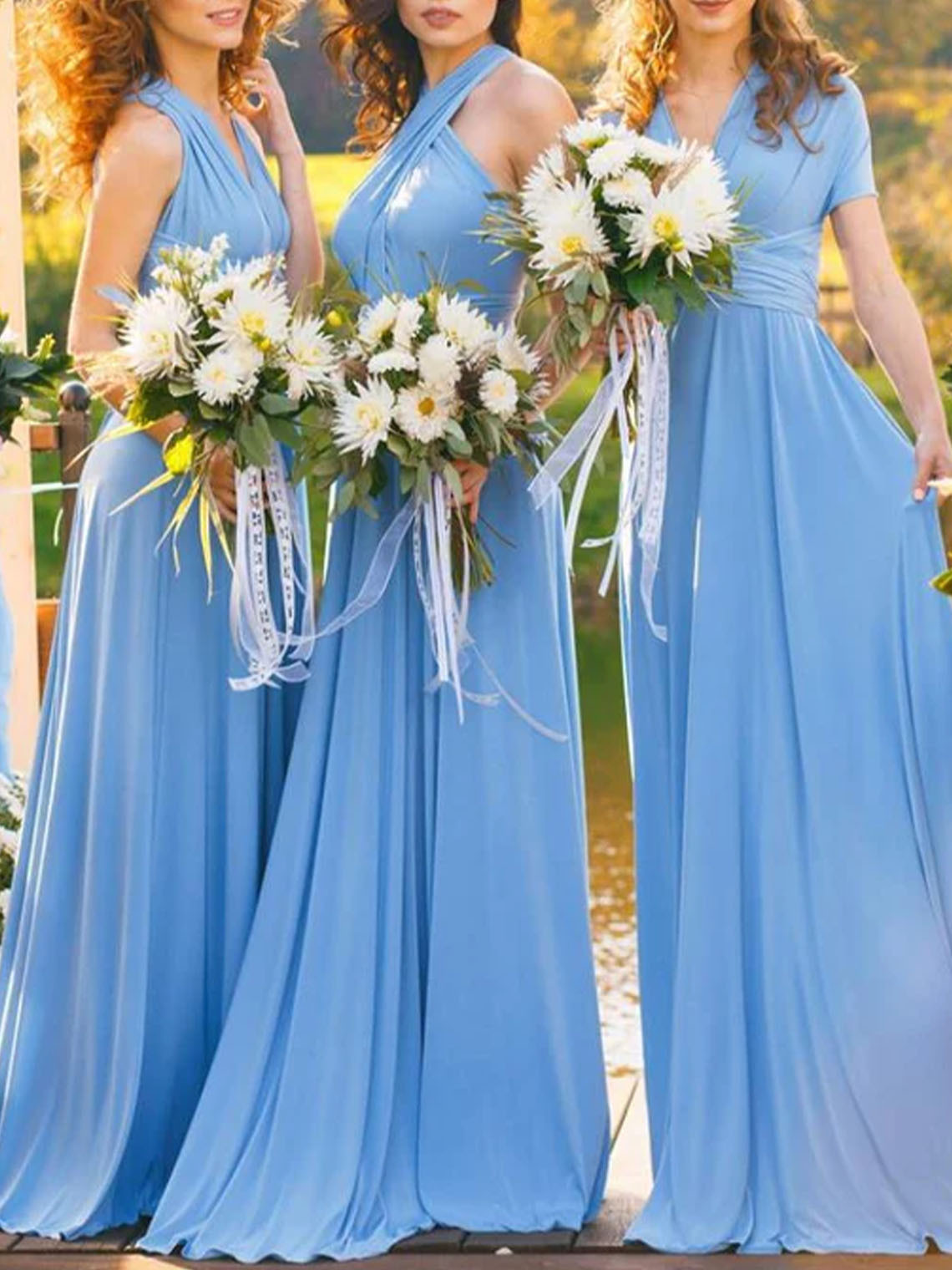 A Line Sky Blue Chiffon Halter Neck Sweep Train Bridesmaid Dresses