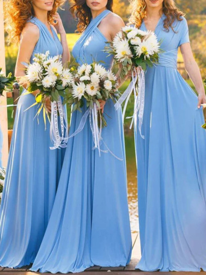 Dress A Line Sky Blue Chiffon Halter Neck Sweep Train Bridesmaid Dress