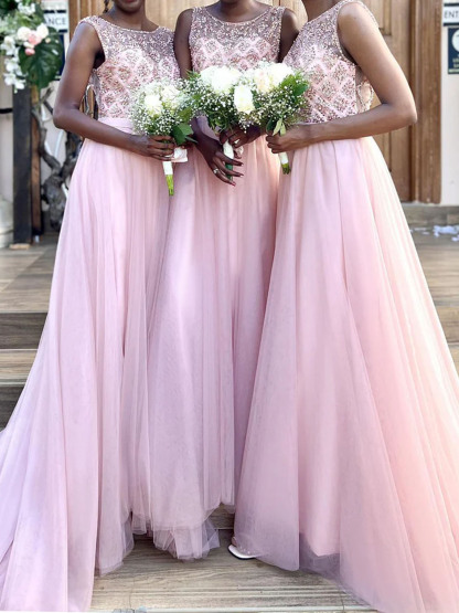 Dress Sheath Tulle Bateau Neck Floor Length with Beaded Bridesmaid Dress