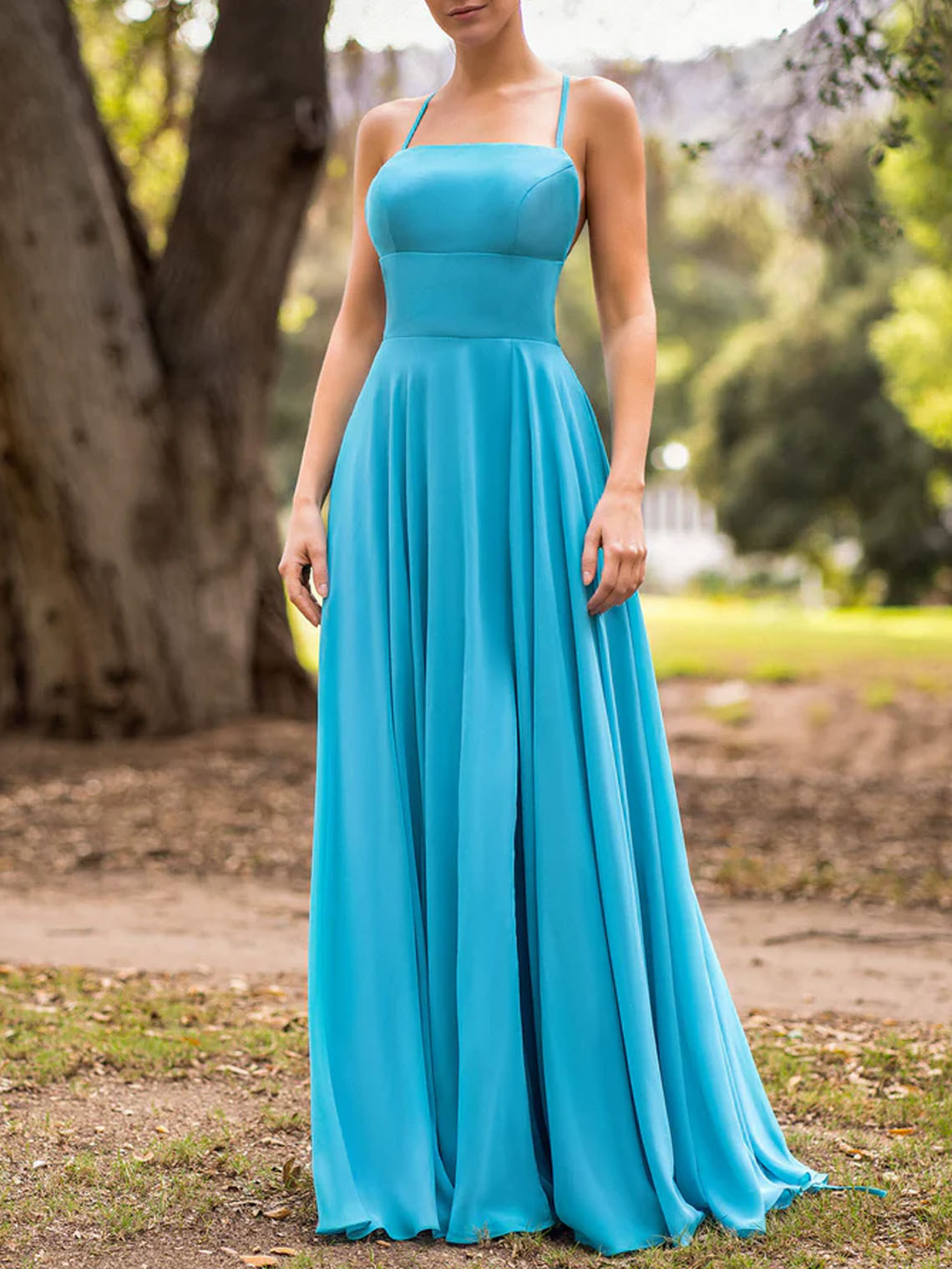 A Line spaghetti Floor Length Cutout open back Bridesmaid Dress