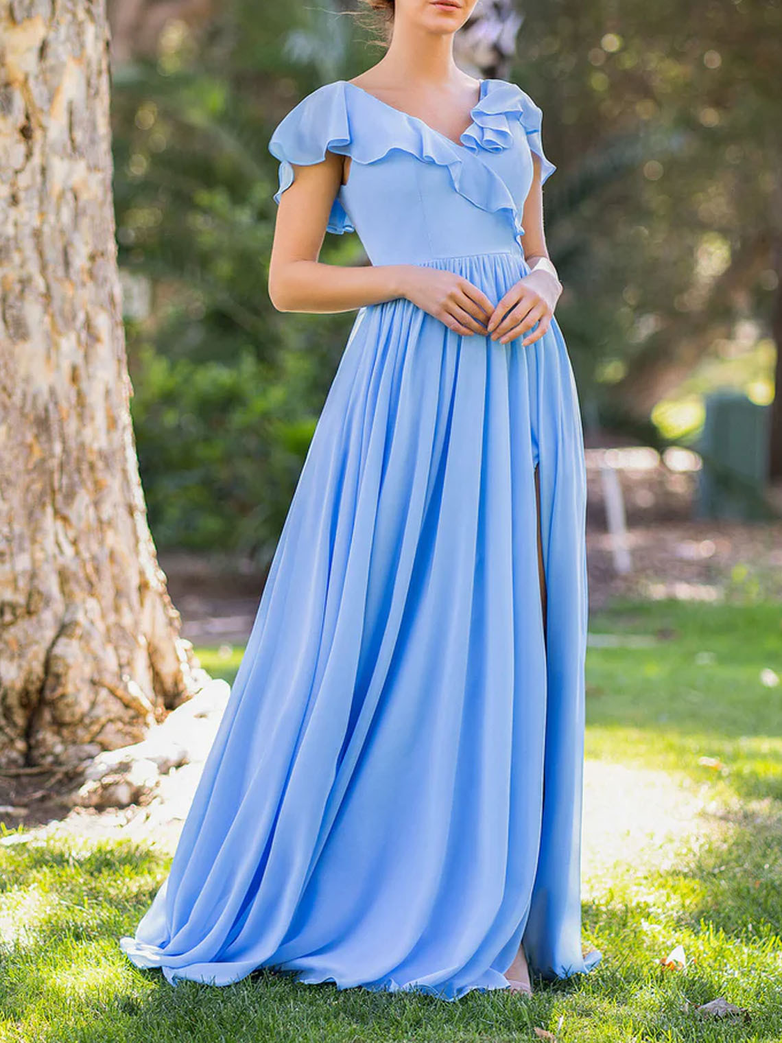 A line Blue Chiffon Asymmetric Ruffled V Neck Bridesmaid Dress
