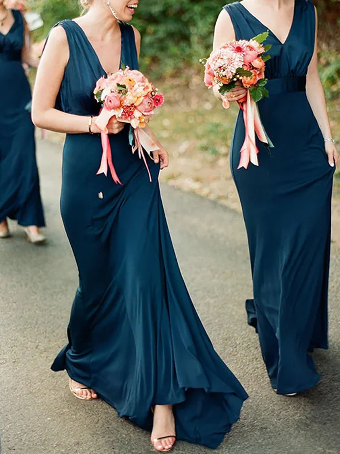 Mermaid Peacock Blue Satin V Neck Sleeveless Long Bridesmaid Dress