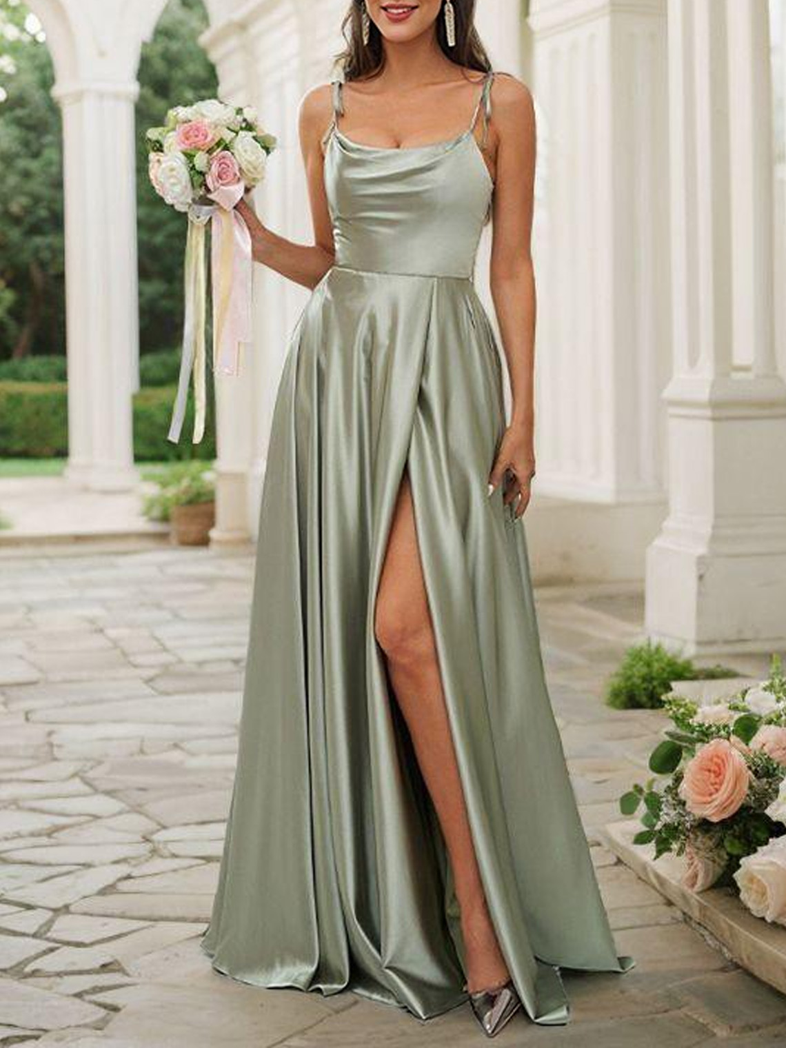 A Line Silk Like Satin Spaghetti Sleeveless Long Bridesmaid Dresses
