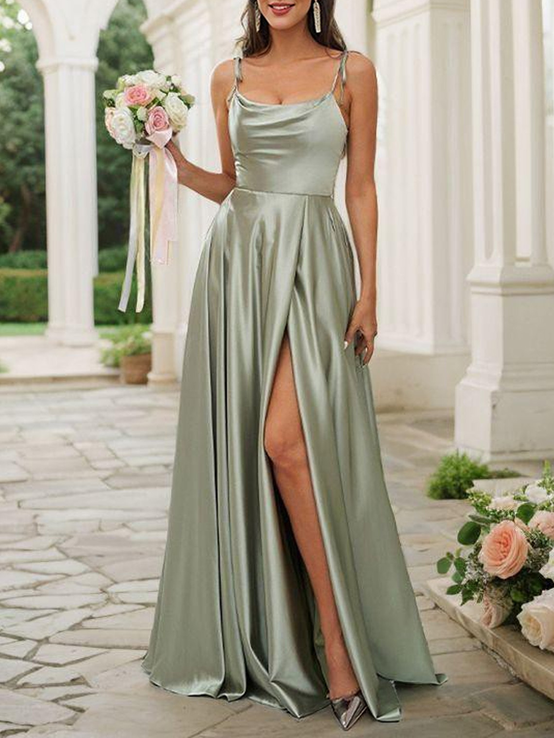 A Line Silk Like Satin Spaghetti Sleeveless Long Bridesmaid Dresses