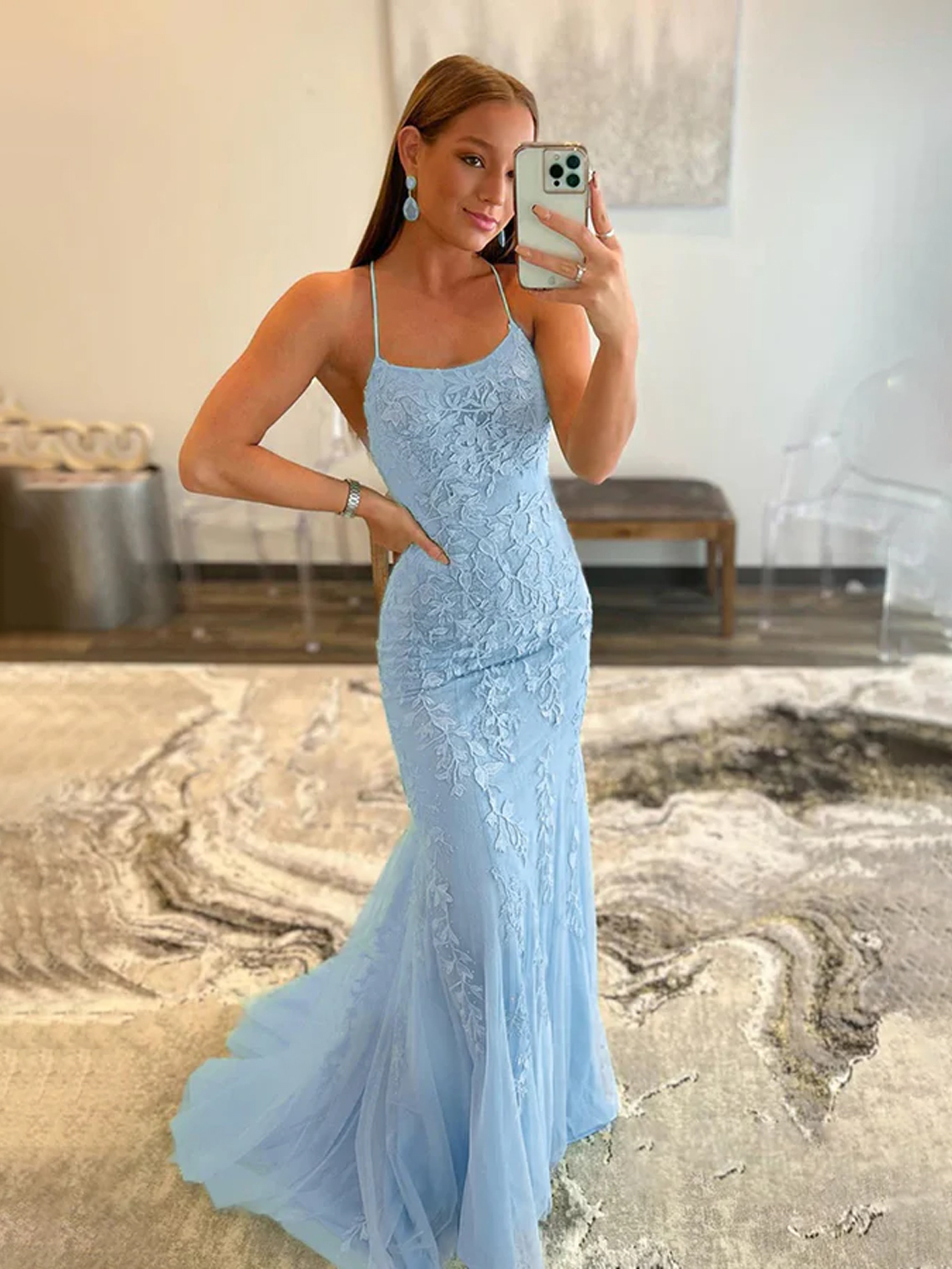 Mermaid Spaghetti Straps Lace Tulle with Appliques Prom Dress