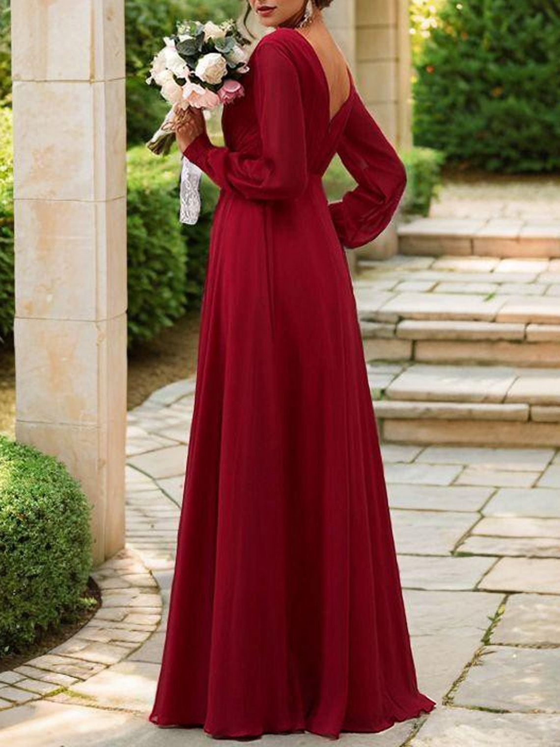 A Line Chiffon V Neck Long Sleeves Floor Length Bridesmaid Dresses