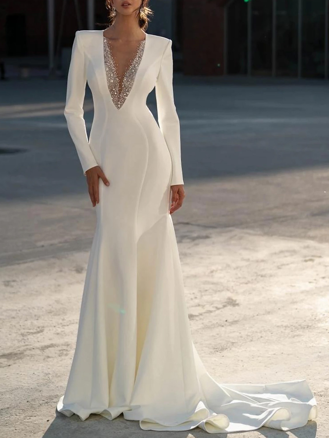 Mermaid V Neck Long Sleeve With Beading Formal Wedding Dresses