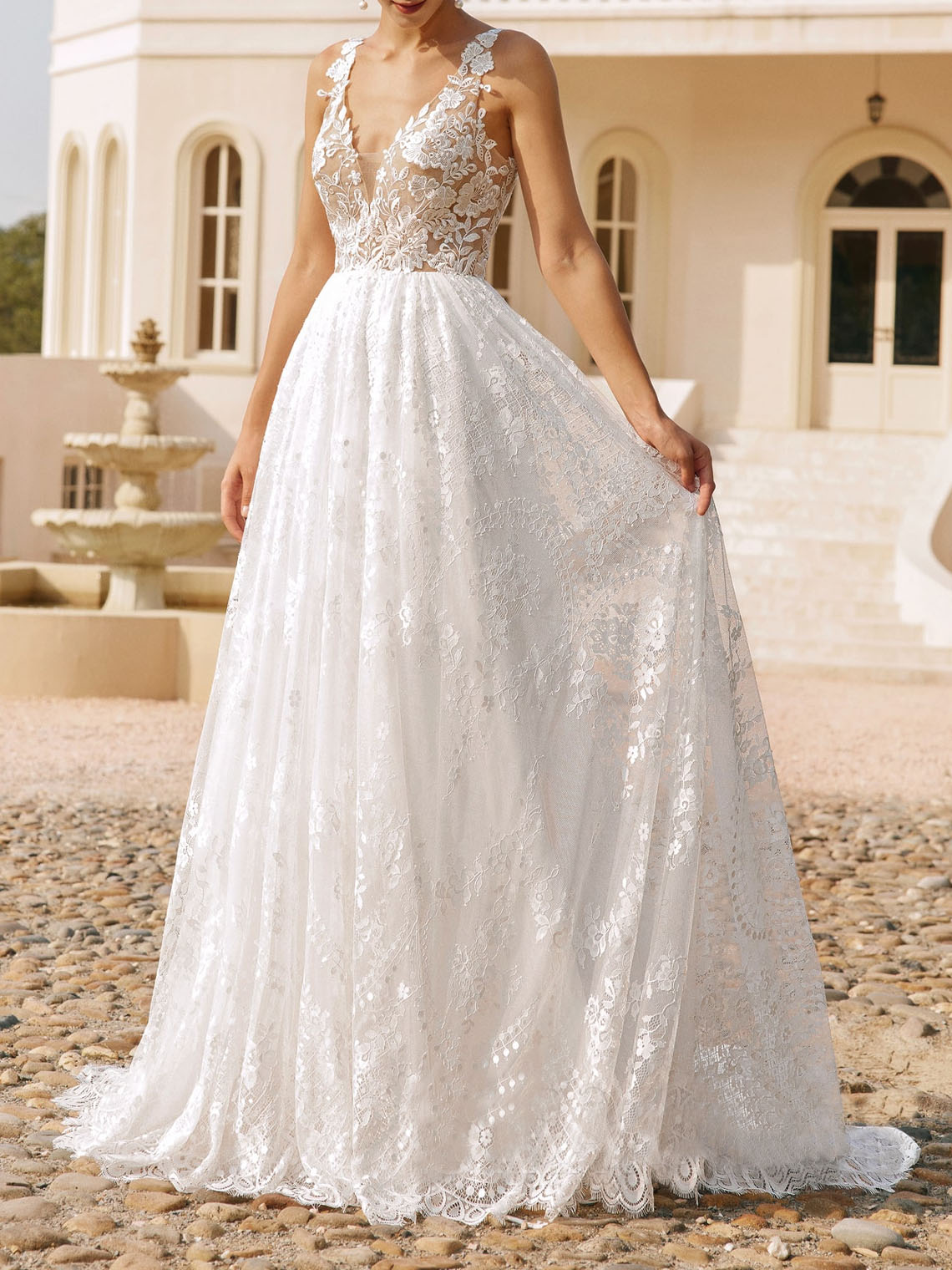 A line V Neck Sleeveless Court Train Ivory Lace Wedding Dresses