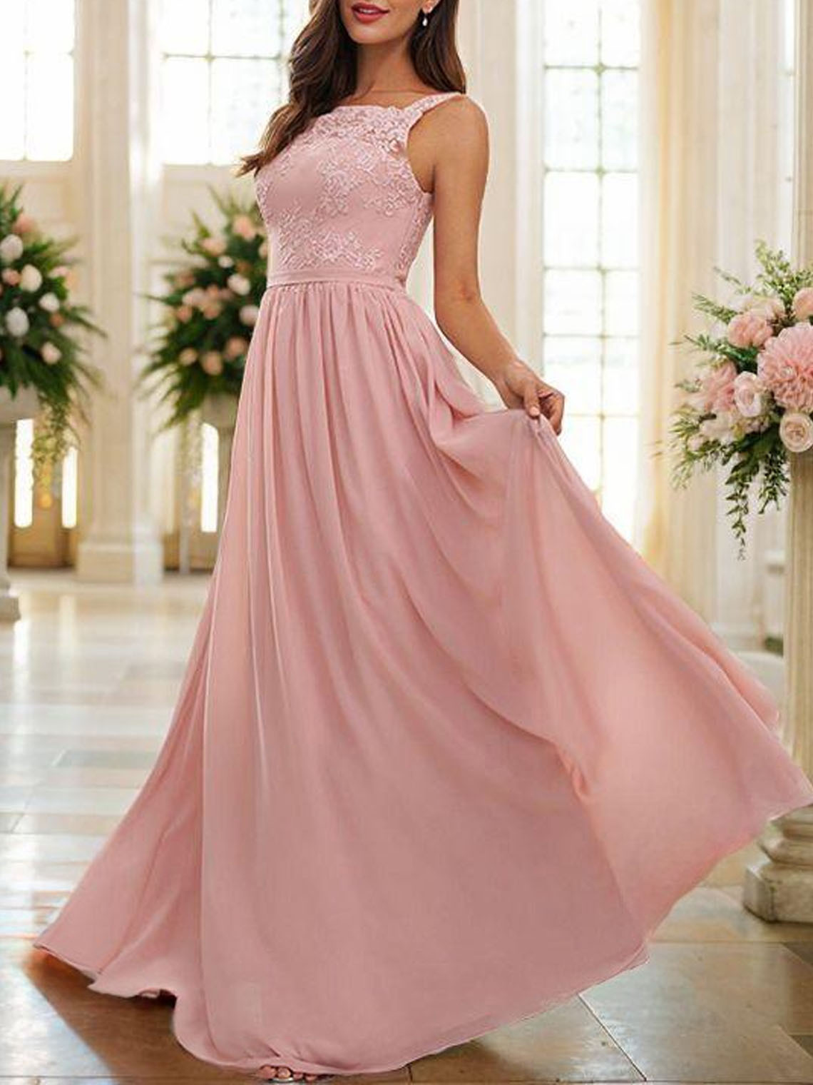 A Line Pink Chiffon Square Sleeveless Floor Length Bridesmaid Dress