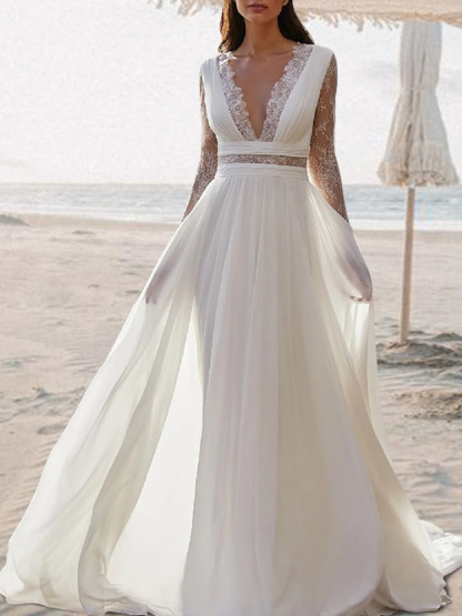 Dresses A Line Chiffon V Neck Open Back With Pleats Boho Wedding Dresseseses