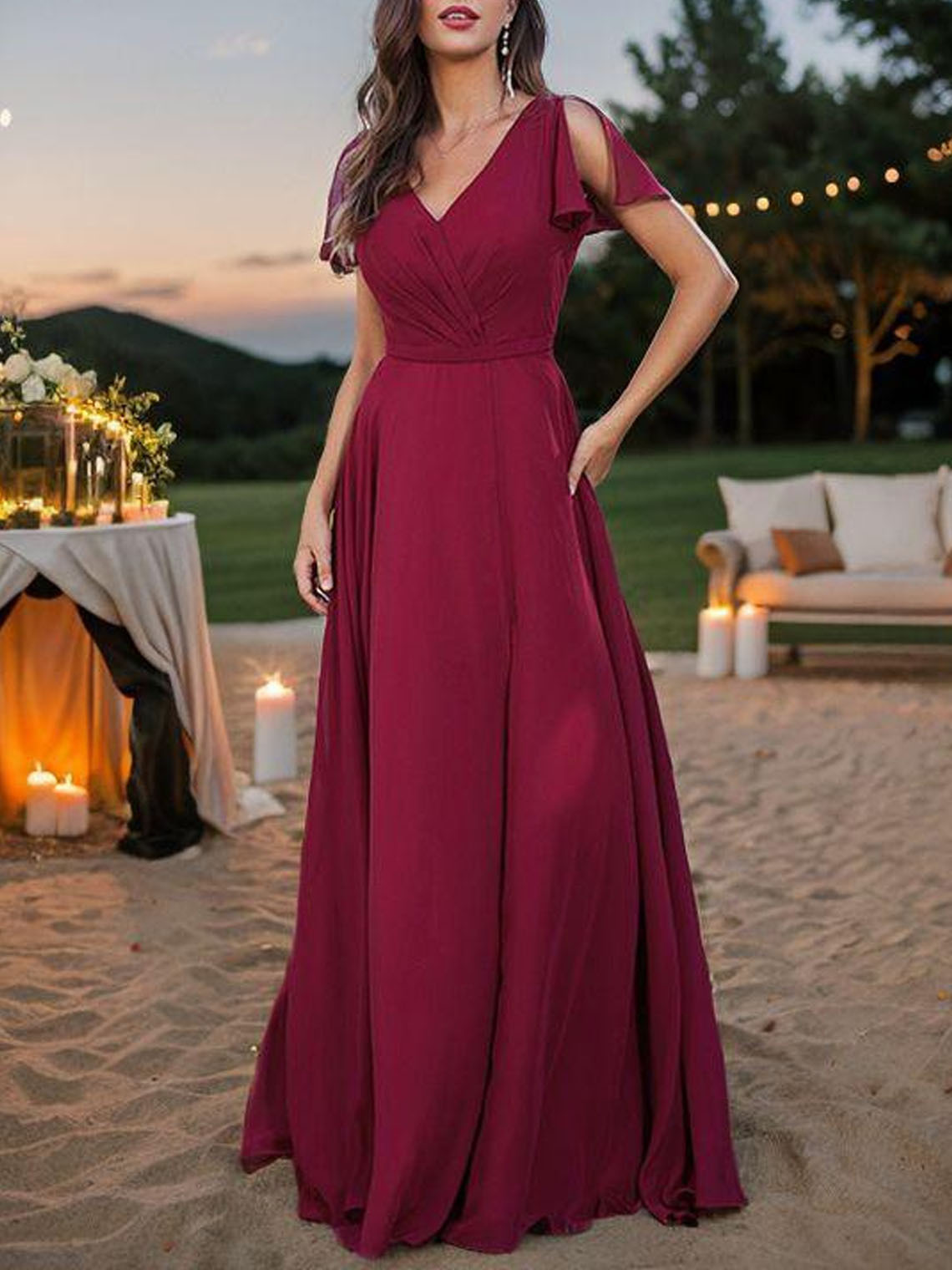 A Line Chiffon V Neck Floor Length With Split Bridesmaid Dresses