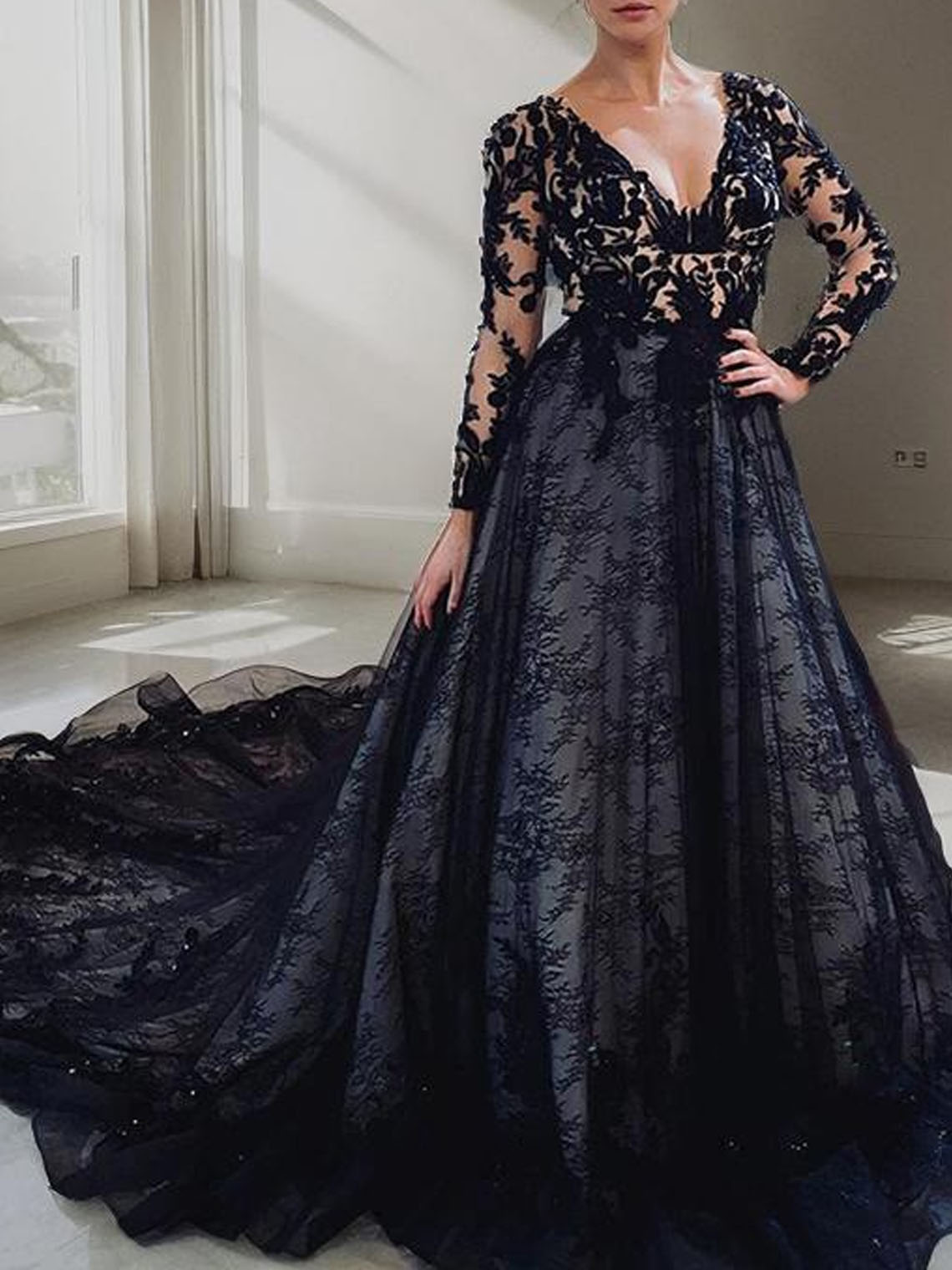 A Line Black Lace V Neck Court Train  With Appliques Wedding Dresses