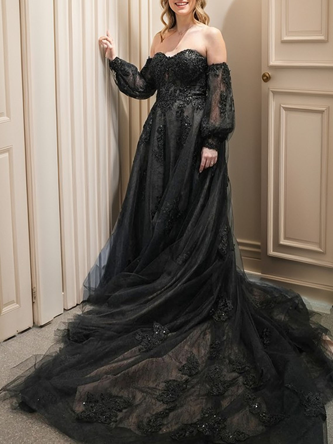 Ball Gown Tulle Sweetheart  With Appliques Black  Wedding Dress