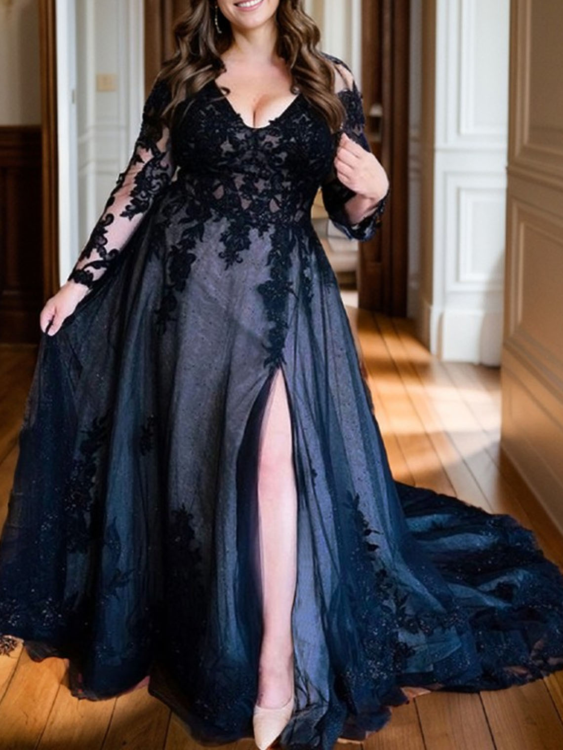 Ball Gown Tulle V Neck Chapel Train With Appliques Wedding Dresses