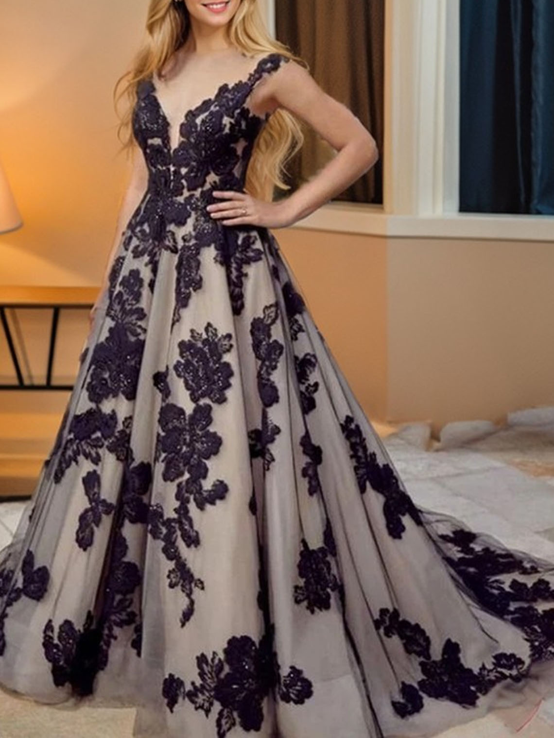 Ball Gown Lace V Neck Sleeveless Court Train Back Wedding Dresses