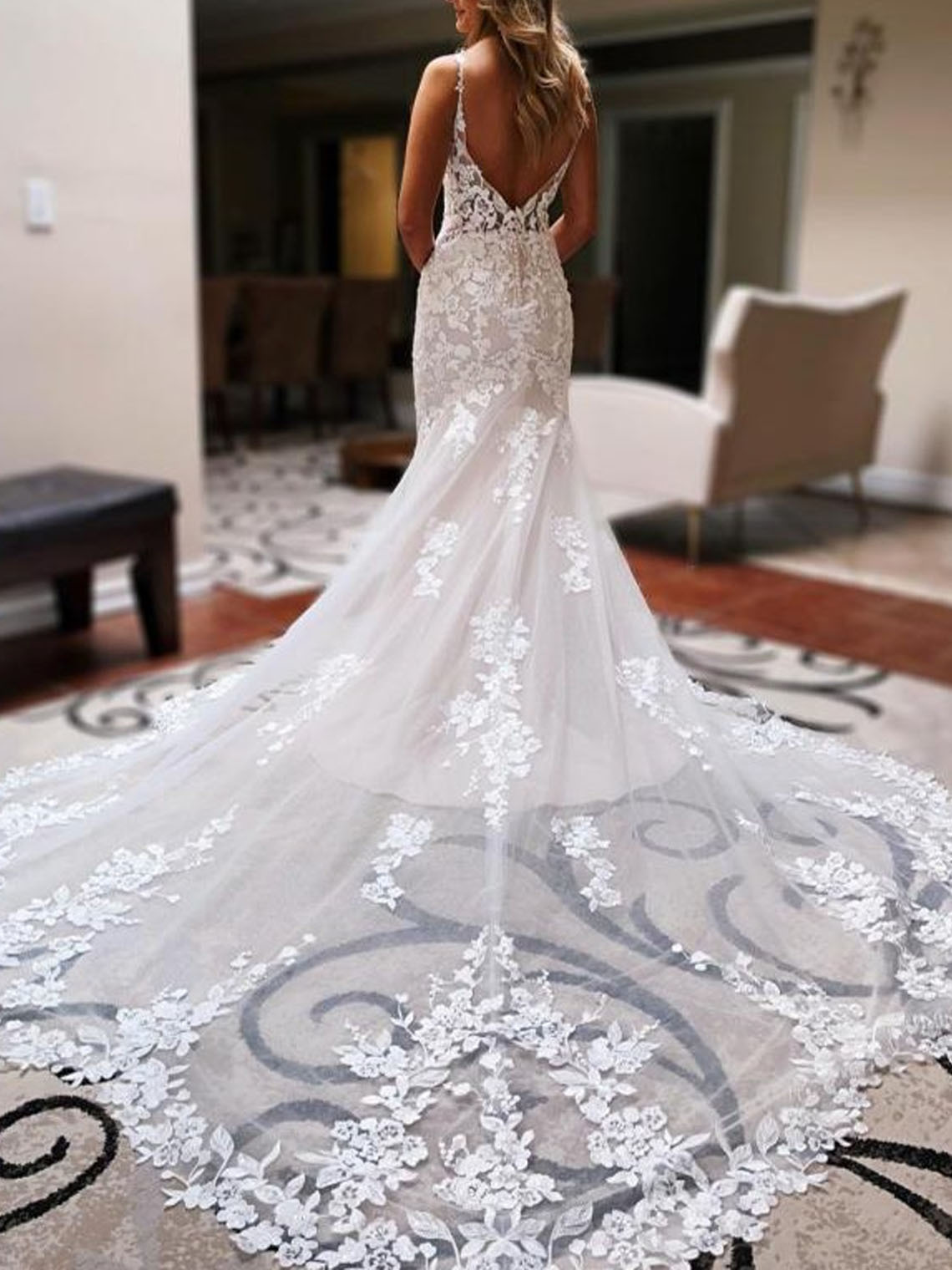 Mermaid Tulle V Neck Cathedral Train with Appliques Wedding Dress