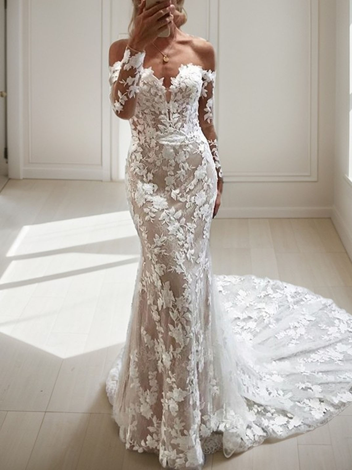Sheath Off the Shoulder Cathedral Train With Appliques Wedding Dress