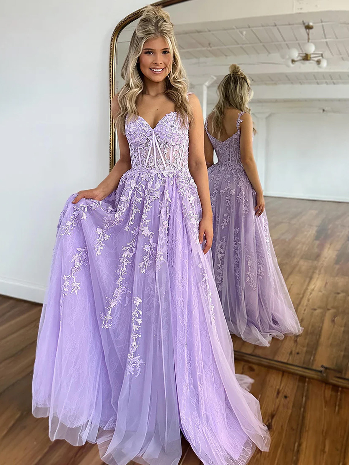 A-Line Tulle V-neck Off the Shoulder with Appliques Long Prom Dress