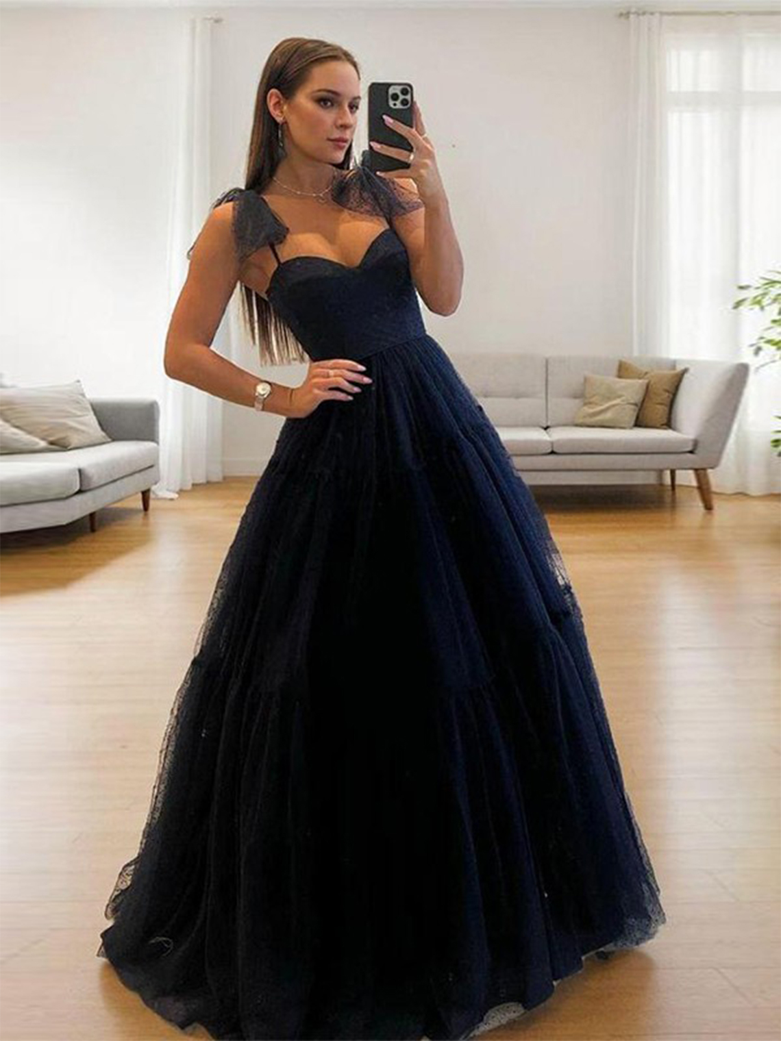Dark Navy A-line Spaghetti Straps Floor Length Tulle Bow Dress