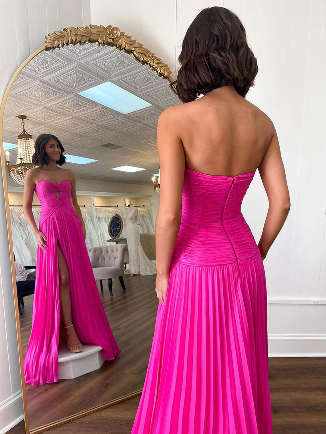 Sexy A Line Sweetheart Keyhole Pleated  With Slit Long Prom Dress