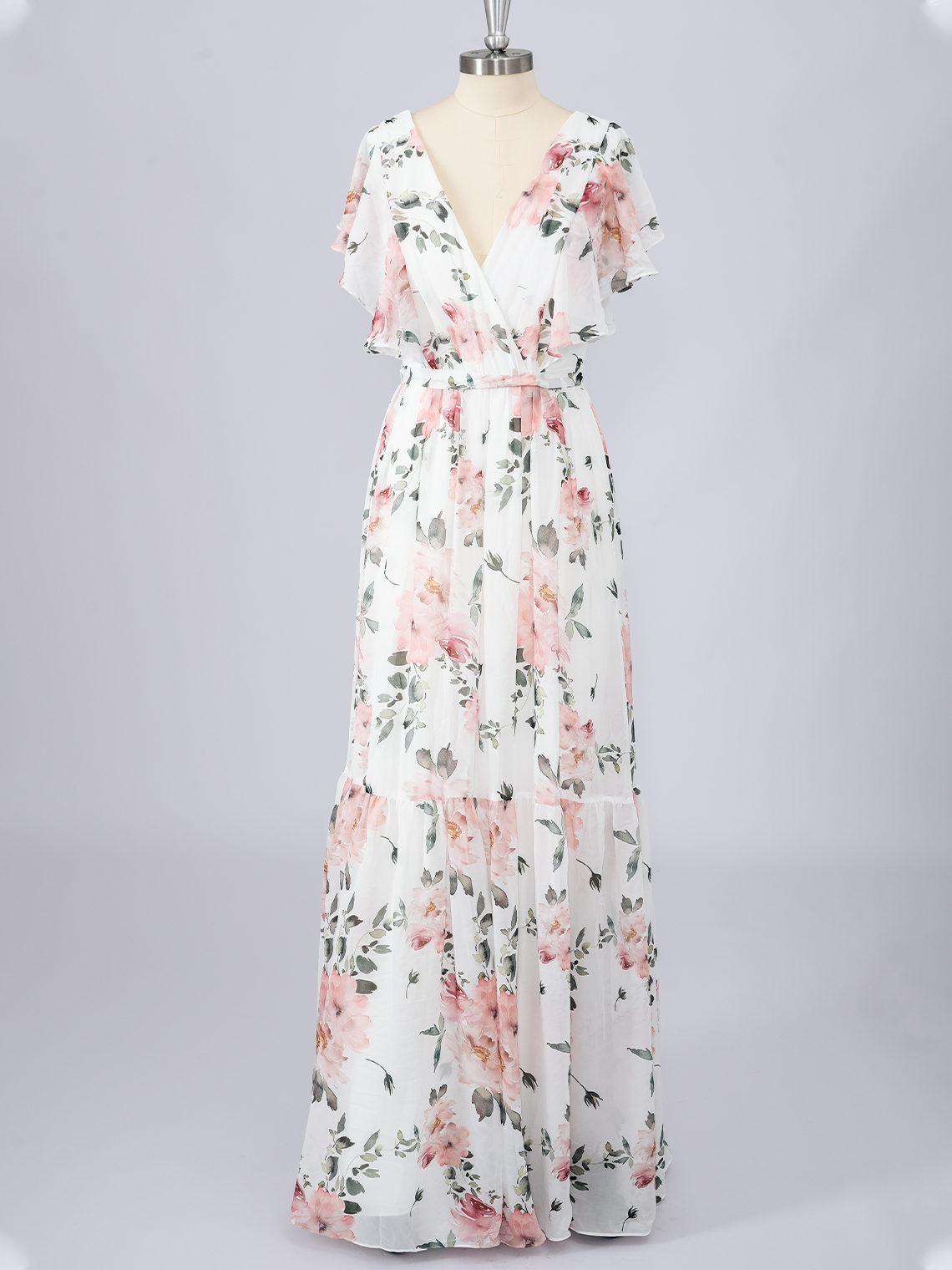 A-Line Pink V Neck Color Dress with floral patterns Evening Dress