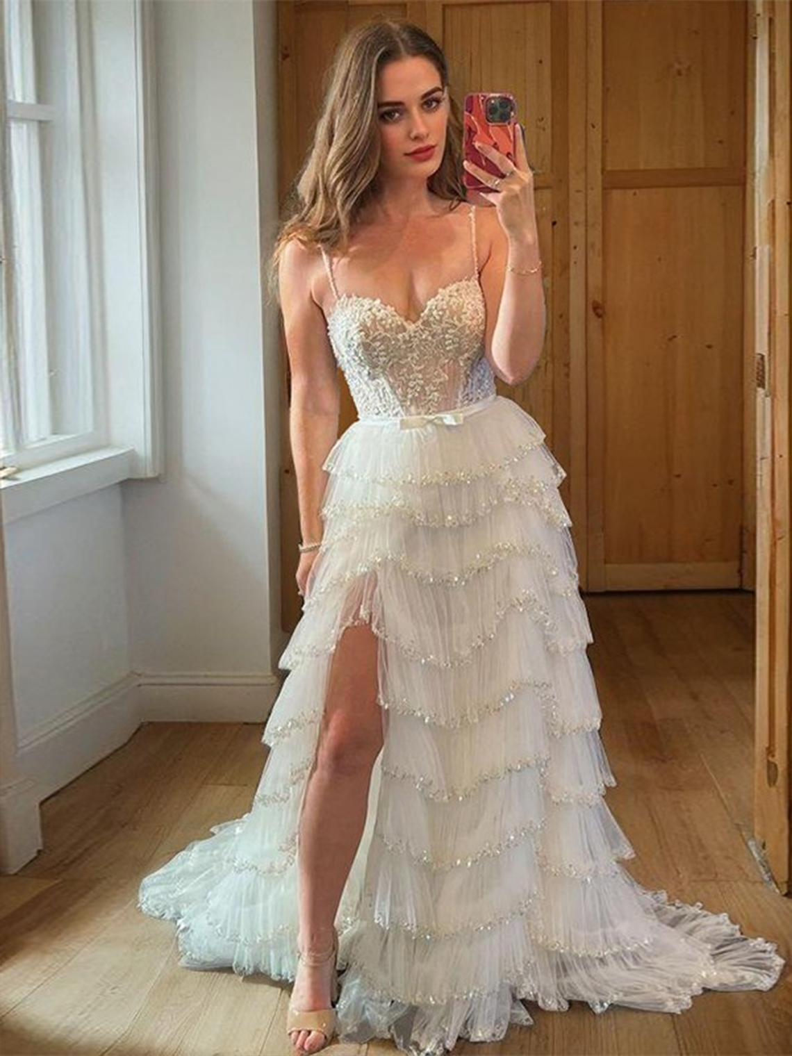 A-line Tulle Lace Sweetheart Sweep Train Appliques Corset Prom Dress