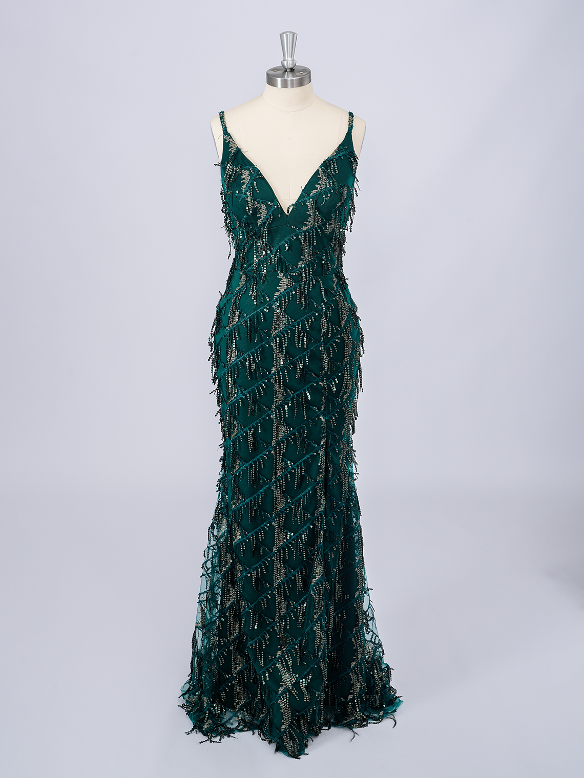 Dark Green Sheath V Neck Sweep/Brush Sequins With Tassel Prom Dress