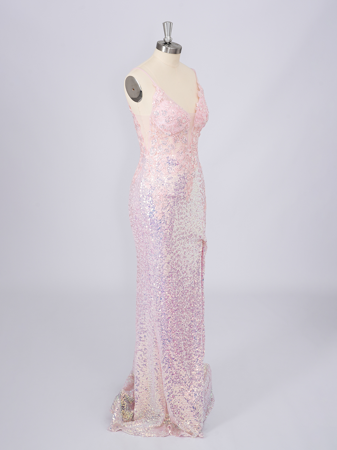 Pink Mermaid V Neck Sequins Sleeveless With Slit Long Prom Dress