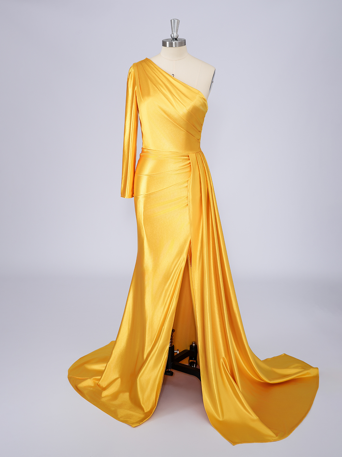 Yellow Mermaid Satin One Shoulder Long Sleeves With Slit  Prom Dress