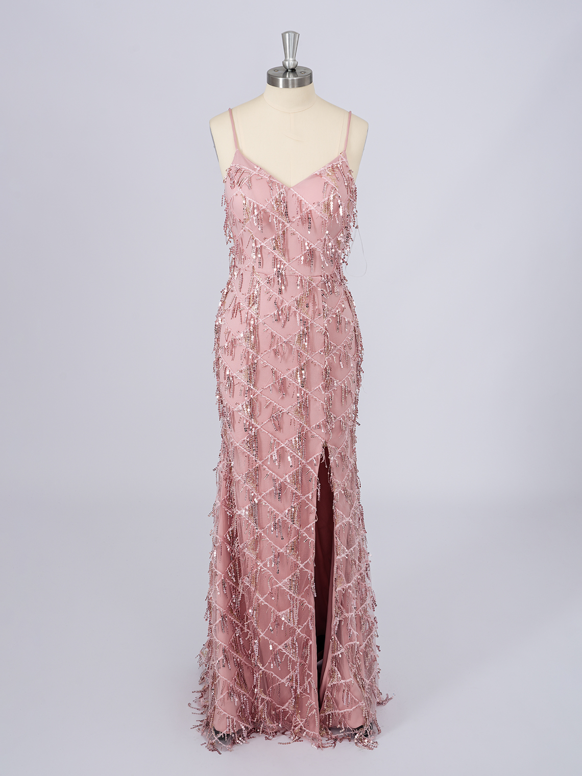 Sparkle Dusty Rose Sequins V Neckline With Tassel Long Prom Dress