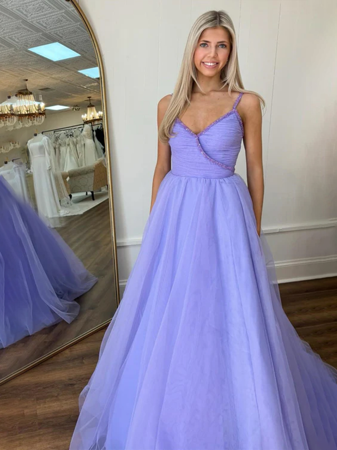 A-line V Neck Lavender Beaded Surplice Tulle Sweep Train Prom Dress