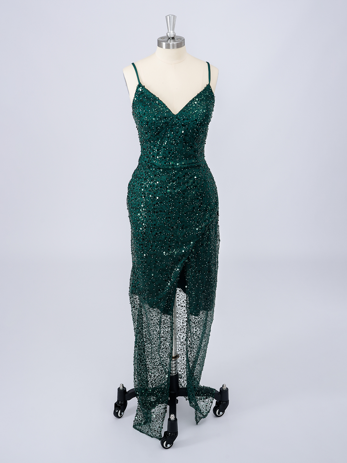 Dark Green Sheath Sequins Spaghetti Floor Length Wih Slit Prom Dress