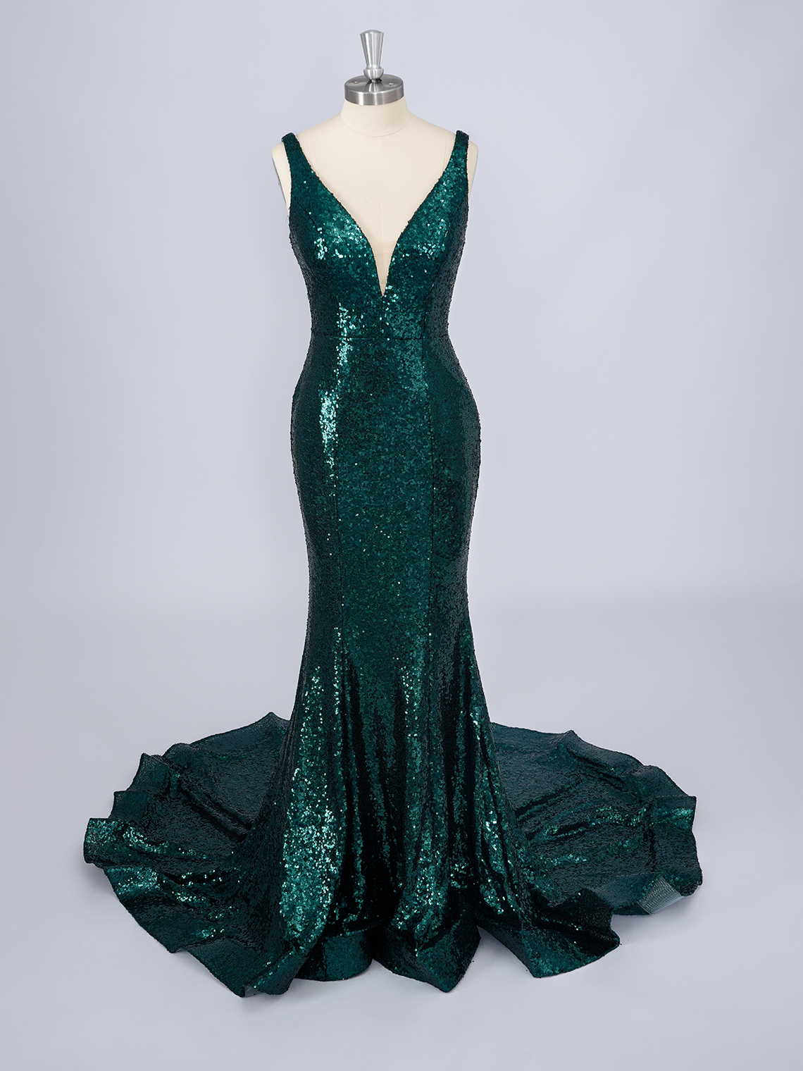 Sparkle Mermaid Sequins Deep V-neck Court Train Long Prom Dress