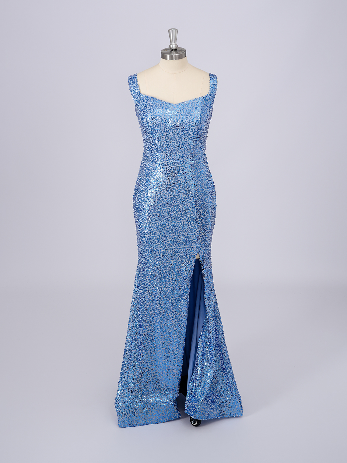Blue Mermaid Sequins Square Neck With Slit Long Prom Dress