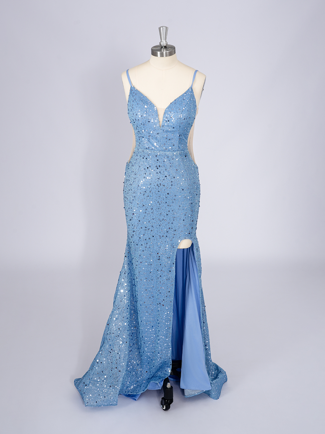 Blue Mermaid Deep V Neck Backless With High Split Long Prom Dress