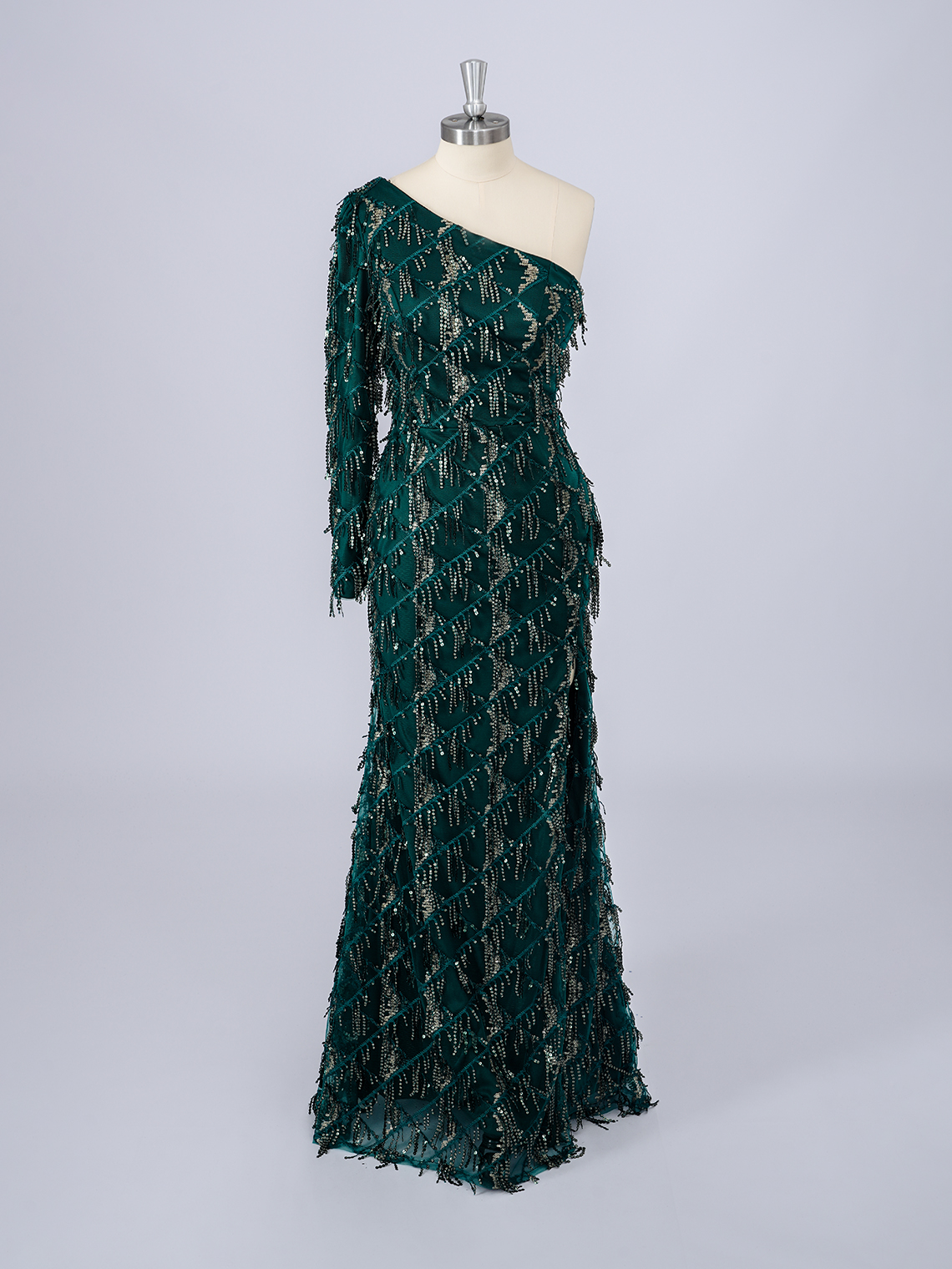 Dark Green Sequins One Shoulder Long Sleeves With Tassel Prom Dress