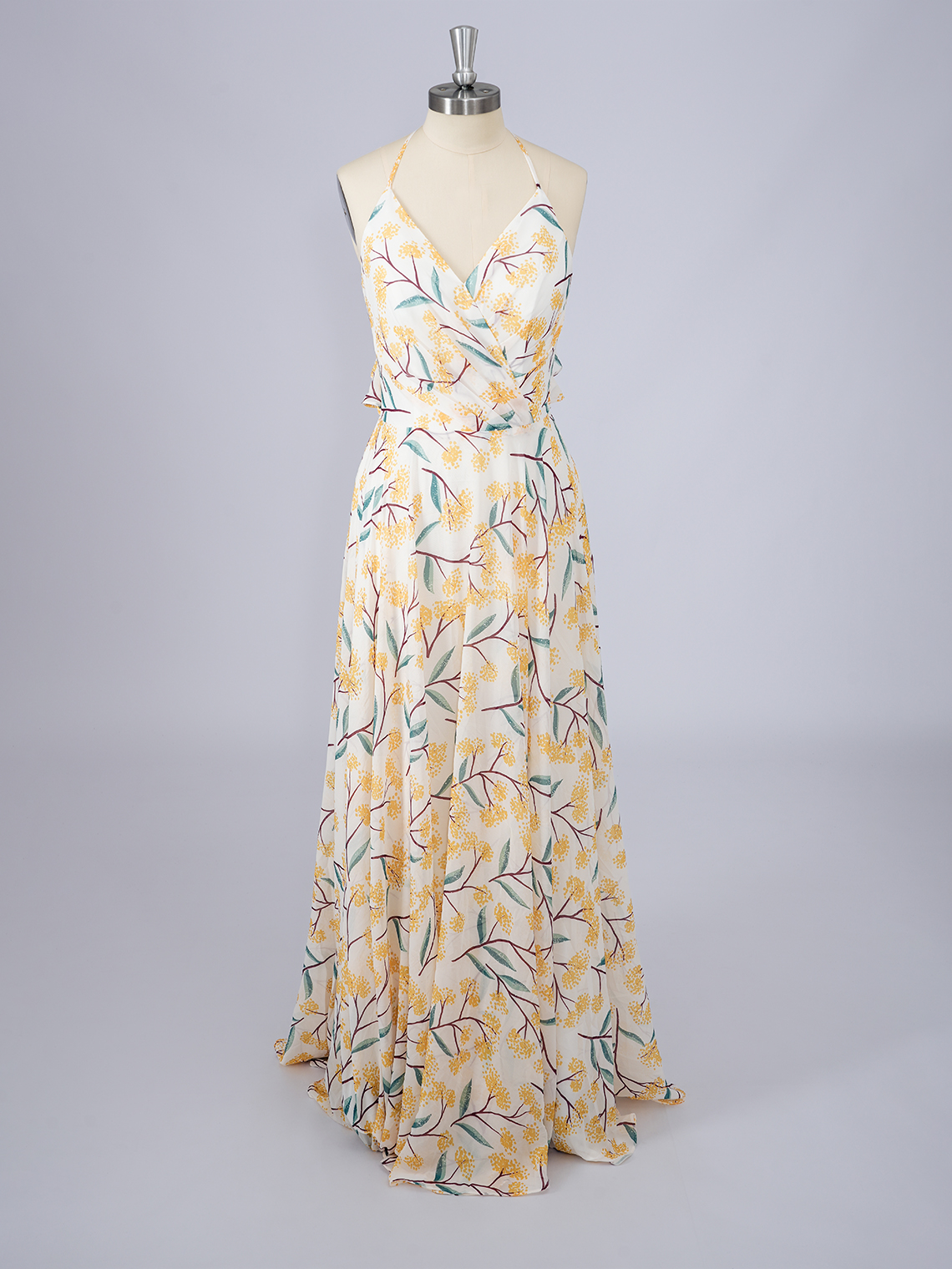 A-Line Yellow Dress with floral patterns Halter Long Prom Dress