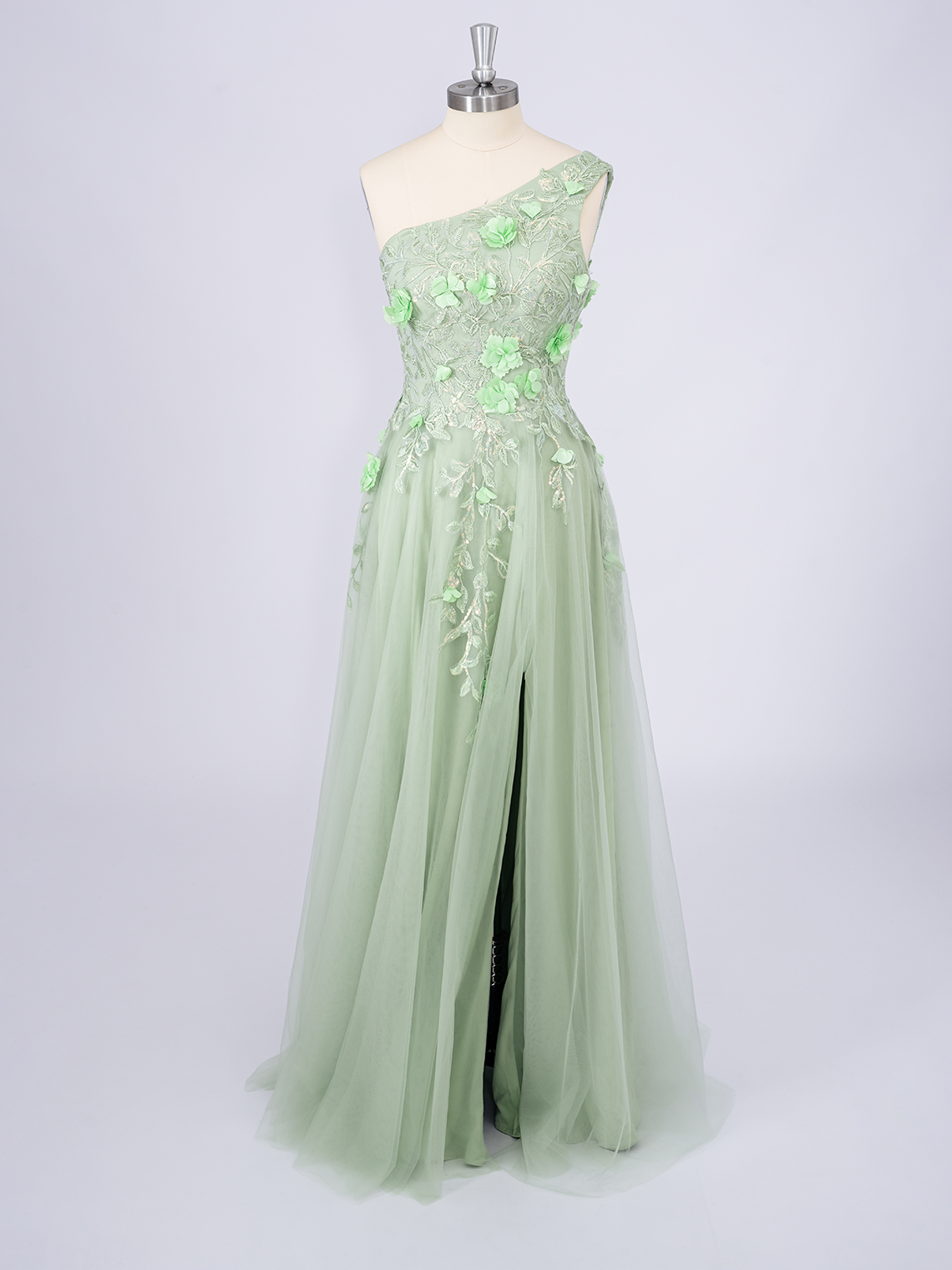 Dusty Sage A-Line Tulle One Shoulder With Appliques Long Prom Dress