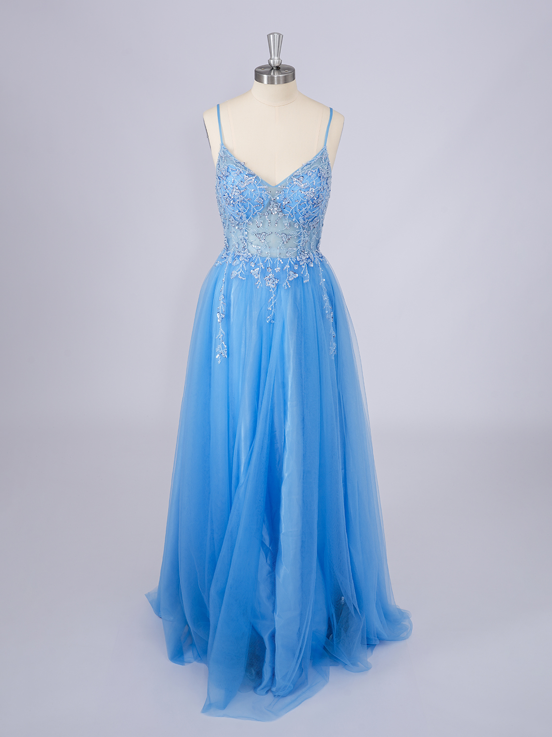 Ocean Blue A-Line Tulle Floor Length Appliques With Beading Prom Dress