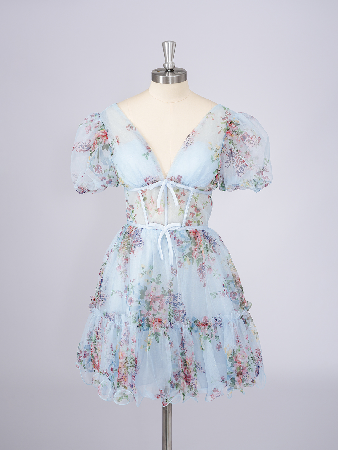 Blue A-Line Chiffon V Neck With Bow knot Short Homecoming Dress
