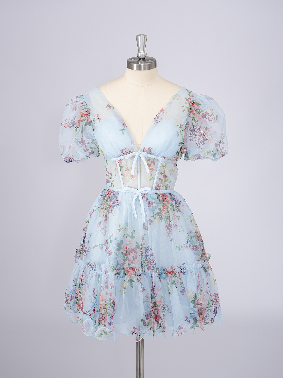 Blue A-Line Chiffon V Neck With Bow knot Short Homecoming Dress