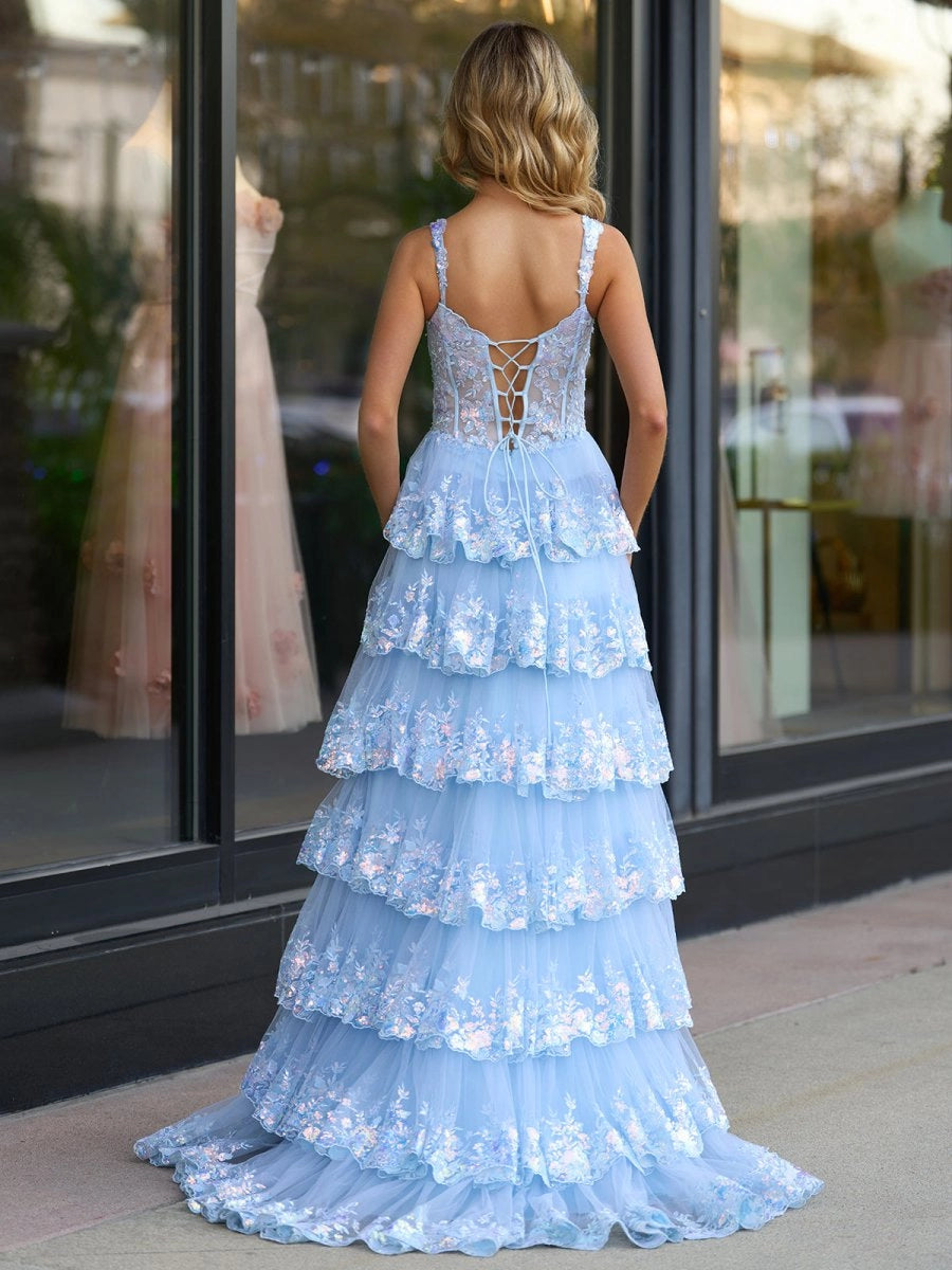 Princess A Line Off the Shoulder Corset Prom Dresses with Lace Ruffles Evening Dresses, product image 2