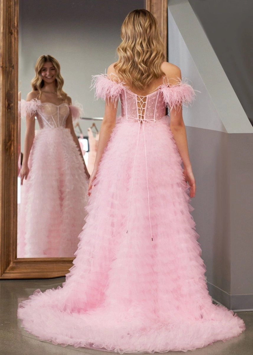 A Line Sweetheart Tiered Tulle Long Prom Dresses With Slit Evening Dresses, product image 3