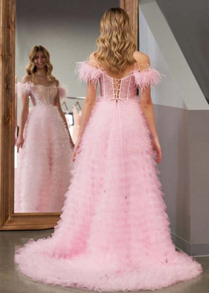 A Line Sweetheart Tiered Tulle Long Prom Dresses With Slit Evening Dresses, product image 3