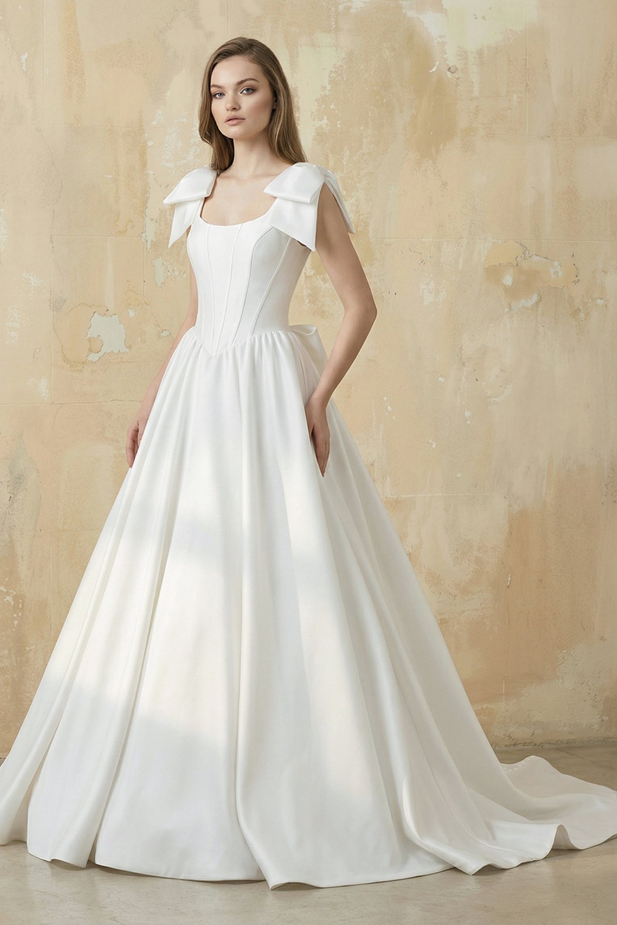 A Line Satin Ball Gown With Bow in White Wedding Dresses, product image 1