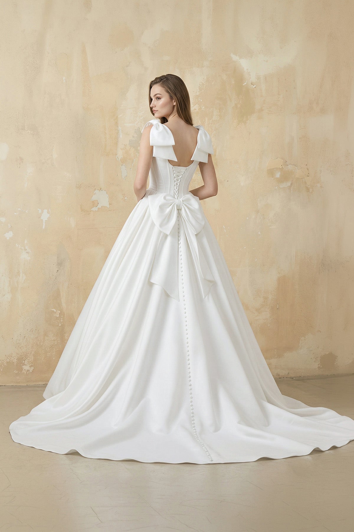 A Line Satin Ball Gown With Bow in White Wedding Dresses, product image 2