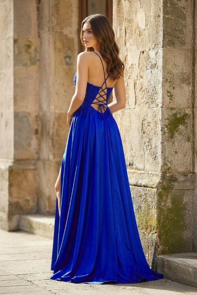 A-line Spaghetti Straps Corset Back Prom Dresses With Split Evening Dresses, product image 9