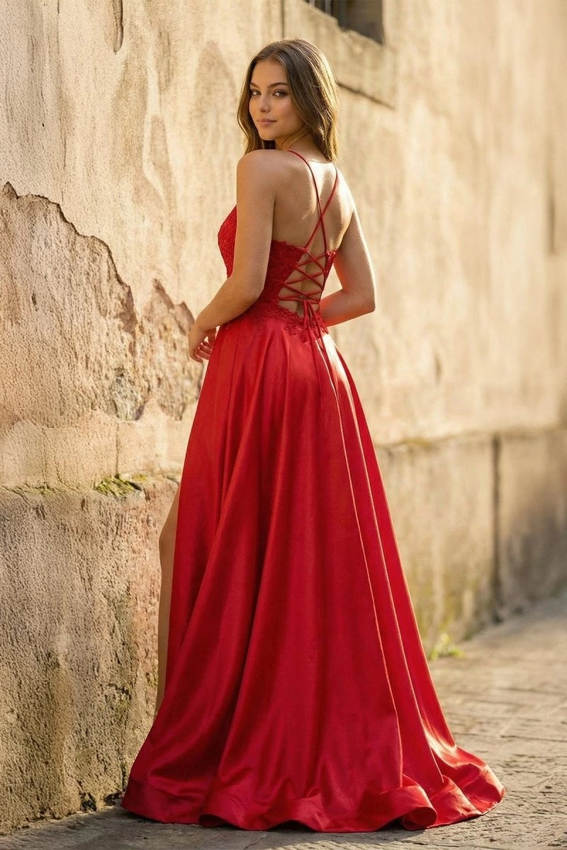 A-line Spaghetti Straps Corset Back Prom Dresses With Split Evening Dresses, product image 2