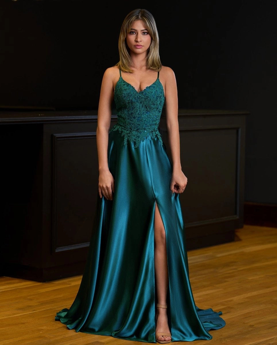 A-line Spaghetti Straps Corset Back Prom Dresses With Split Evening Dresses, product image 14