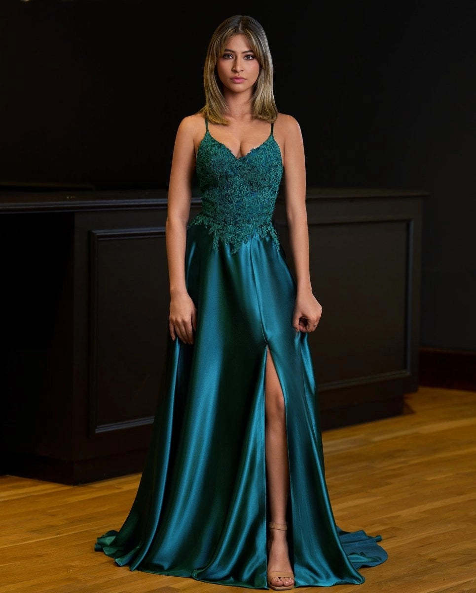 A-line Spaghetti Straps Corset Back Prom Dresses With Split Evening Dresses, product image 14